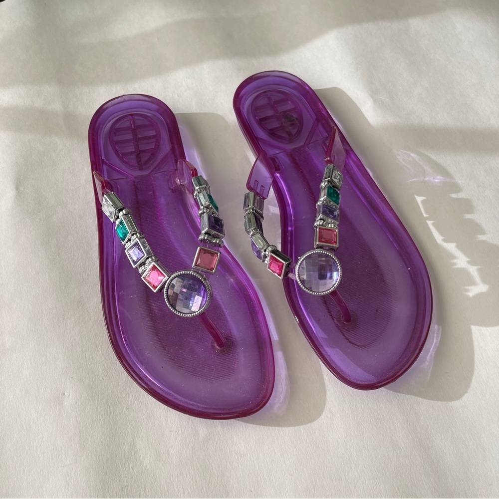Purple Jeweled Jelly Thong Sandals Size M (7-7.5) Y2K Rhinestone Flip Flops